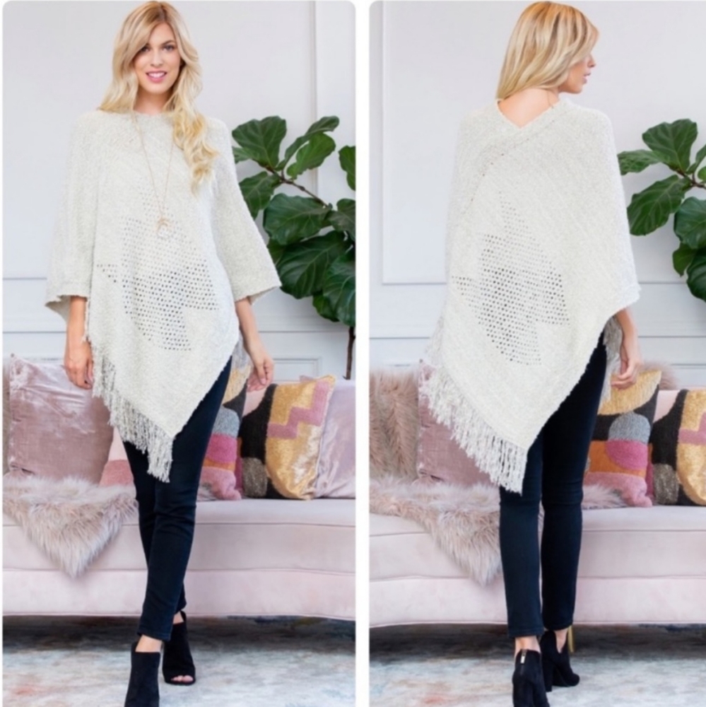 Cream Fringe Knit Poncho